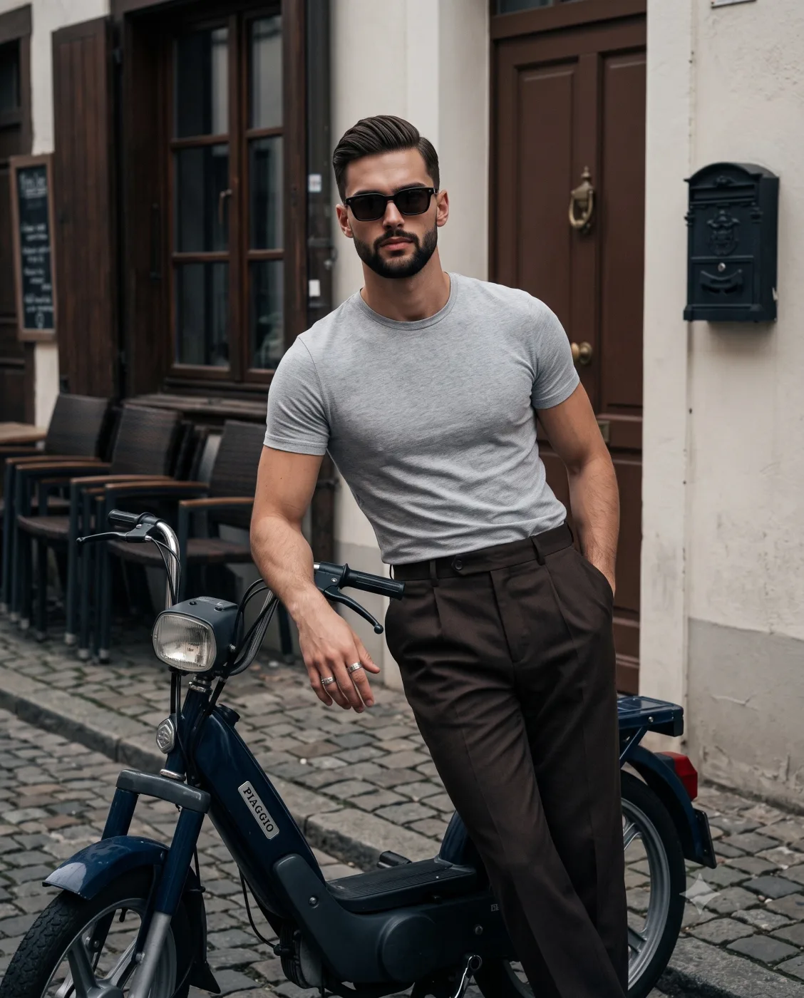 A rider standing beside a vintage moped in soft editorial light.
